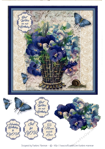 Blue Vintage Basket of Blooms Card Topper