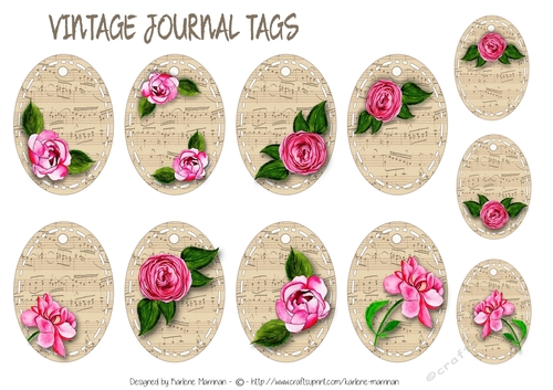 Vintage Rose & Music Tags, Journalling, Embellishments