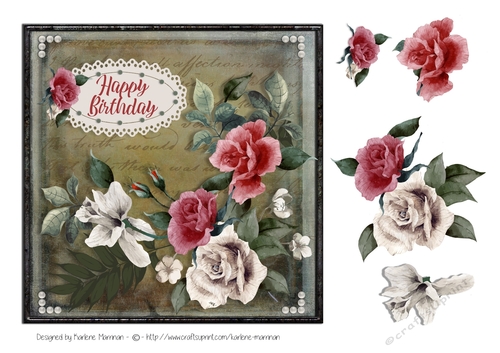 Vintage Look - Muted Roses Happy Birthday Card Topper