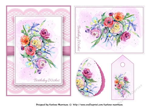 Floral Bouquet on Lace Card Topper - Design 1