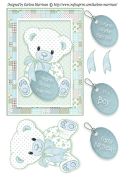 Patchwork Teddy Baby Boy Card Topper -Turquoise