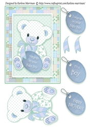Patchwork Teddy Baby Boy Card Topper - Blue