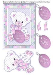 Patchwork Teddy Baby Girl Card Topper - Pink
