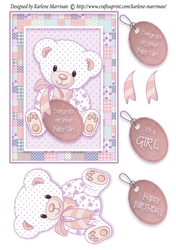 Patchwork Teddy Baby Girl Card Topper - Peach