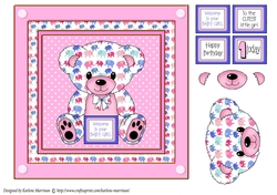 Elephant print Teddy Bear in Frame Card Topper - Pink Girl
