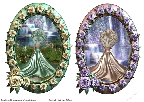 2 ladies parasol in oval frame