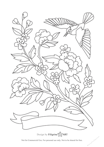 Digital Adult Coloring Page. Oriental garden. Flowers, bird, floral doodles. Nature, summer, spring, Easter, Wedding