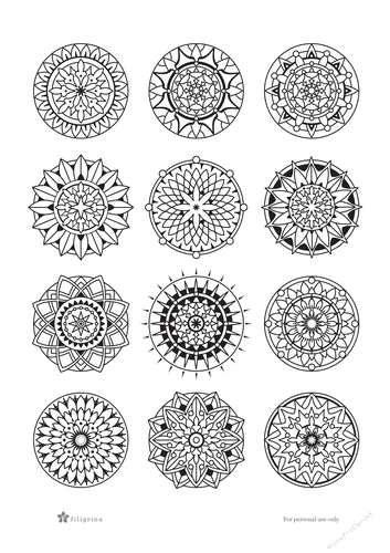 12 Zentangle round mandalas. Digital Adult Coloring Page. Printable collage sheet. Digital doodle stamps. Ornamental circles.