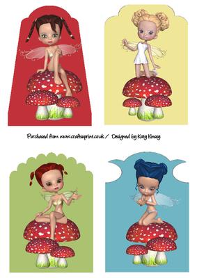 Set of Four Sweet Fairies on Toadstools Tag Toppers