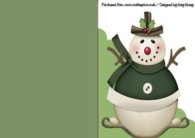 Snowman in Green A5 Shaped Front Print and Fold Card