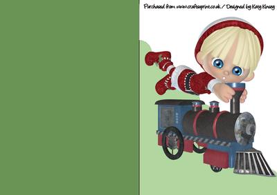 Little Christmas Elf & Train A5 Shaped Front Card in Green