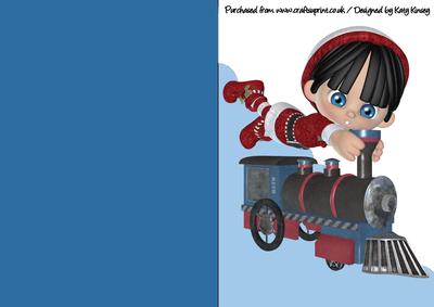 Little Christmas Elf & Train A5 Shaped Front Card in Blue