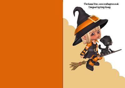 Little Witch with Cat A5 Shaped Front Print and Fold Card