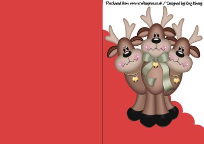 Santas Reindeers A5 Shaped Front Print & Fold Card in Red