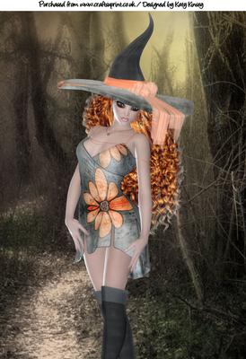 Pretty Witch in Floral Dress A4 Card Topper Auburn
