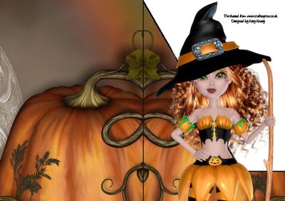 Pumpkin Witch A5 Shaped Front Print and Fold Card in Auburn