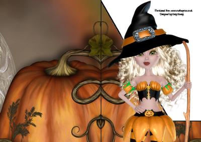 Pumpkin Witch A5 Shaped Front Print and Fold Card in Blonde
