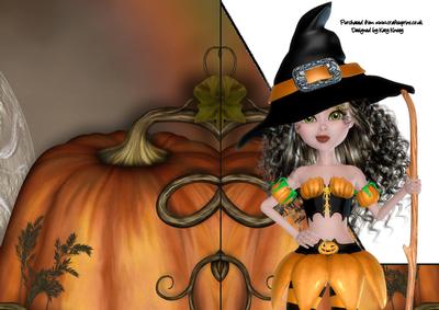 Pumpkin Witch A5 Shaped Front Print and Fold Card Brunette