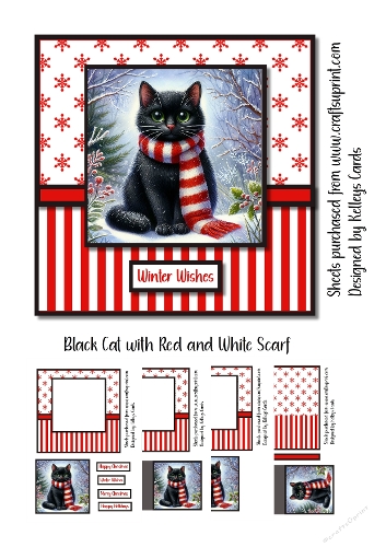 Christmas Black Cat with Red and White Scarf