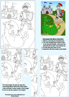 Knight with His Dragon and Castle Decoupage Digi Stamp