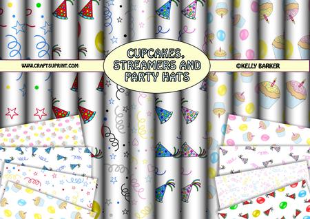 Cupcakes, Streamers, Party Hats Backing Paper Background Kit