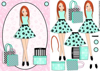 Teen Girl Red Head Boxes & Bags in Mint & Pink A5 Decoupage