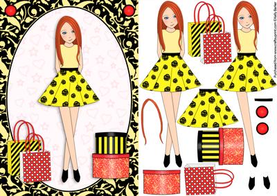 Teen Girl Red Head Boxes & Bags in Yellow A5 Decoupage