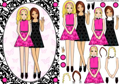 Best Friends A5 Card Front and Decoupage Hot Pink and Black