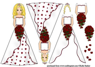 Beautiful Blonde Bride with Red Rose Bouquet Decoupage