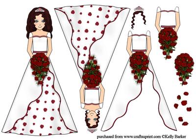 Beautiful Brunette Bride with Red Rose Bouquet Decoupage