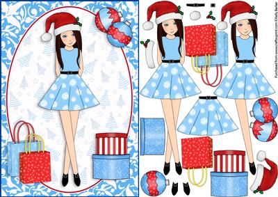 Christmas Shopping Boxes and Bags Brunette in Blue Decoupage