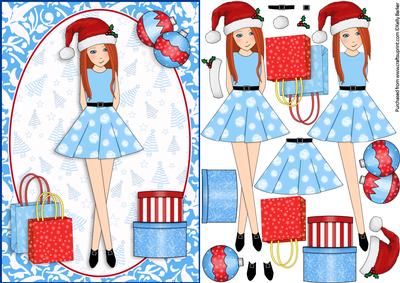 Christmas Shopping Boxes and Bags Red Head in Blue Decoupage