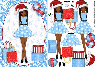 Xmas Shopping Boxes & Bags Brunette Ethnic Blue Decoupage
