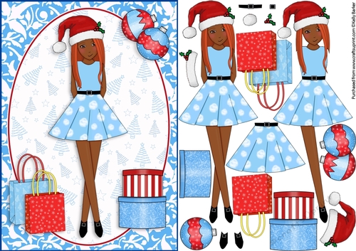 Xmas Shopping Boxes & Bags Red Head Ethnic Blue Decoupage
