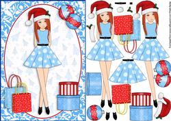 Christmas Shopping Boxes and Bags Red Head in Blue Decoupage