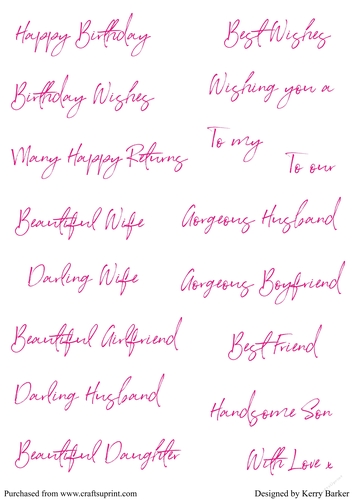Birthday Greetings & Sentiments in Hot Pink Sketchy Text (SENTIMENTS 1)