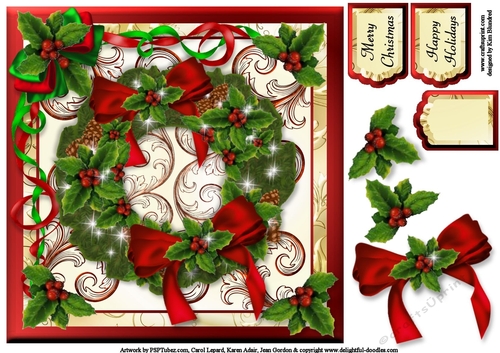 Wreath 1 - Traditional Holly & Pinecones Quick Card