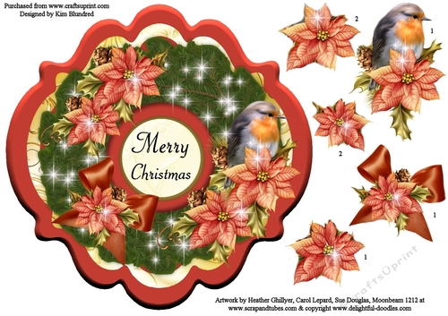 Wreath 2 - Traditional Christmas Robin & Poinsettias - Shaped Topper