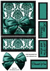 Easel Card Teal Damask with Bow