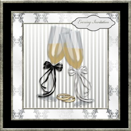 Black and Silver Champagne Flutes Evening Invitation