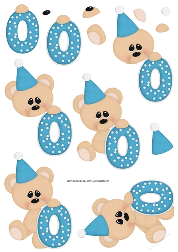 Birthday Bear Number 0 Blue - A4 Decoupage