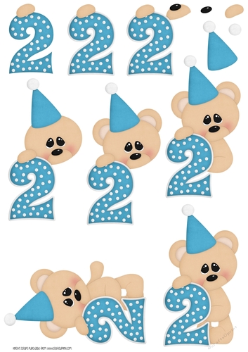 Birthday Bear Number 2 Blue - A4 Decoupage