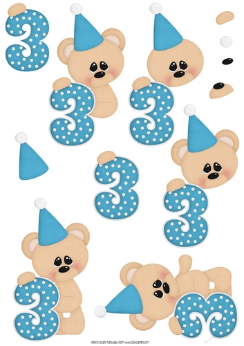 Birthday Bear Number 3 Blue - A4 Decoupage