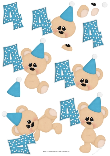 Birthday Bear Number 4 Blue - A4 Decoupage