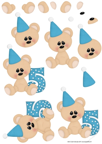 Birthday Bear Number 5 Blue - A4 Decoupage