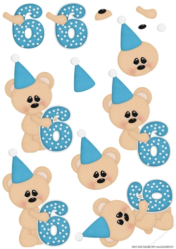 Birthday Bear Number 6 Blue - A4 Decoupage