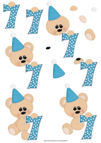 Birthday Bear Number 7 Blue - A4 Decoupage