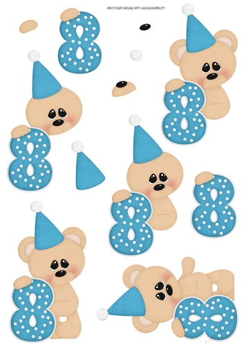 Birthday Bear Number 8 Blue - A4 Decoupage