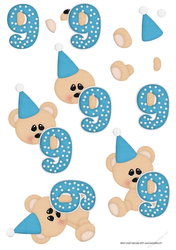 Birthday Bear Number 9 Blue - A4 Decoupage