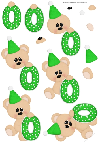 Birthday Bear Number 0 Green - A4 Decoupage